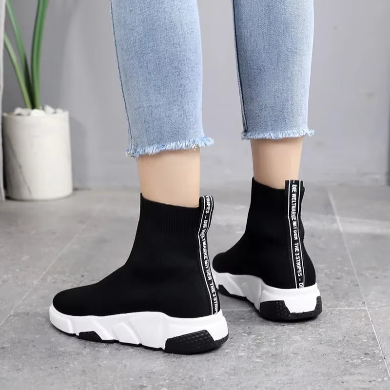 Thick Platform Shoes Women'S Breathable Sneakers Woman Kint Casual Shoes Spring Autumn Ladies outside Walk Vulcanize Shoe Black