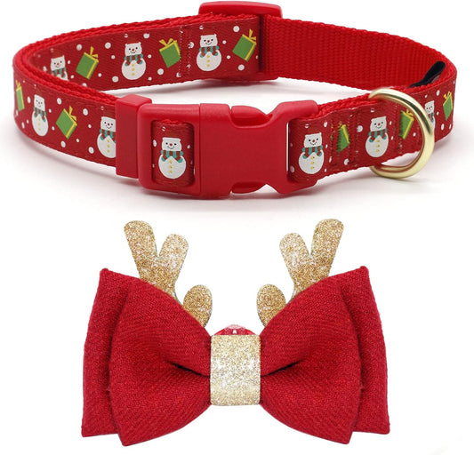 Adjustable Christmas Dog Collar with Antler Bow Tie and Snowman Design for Medium Dogs