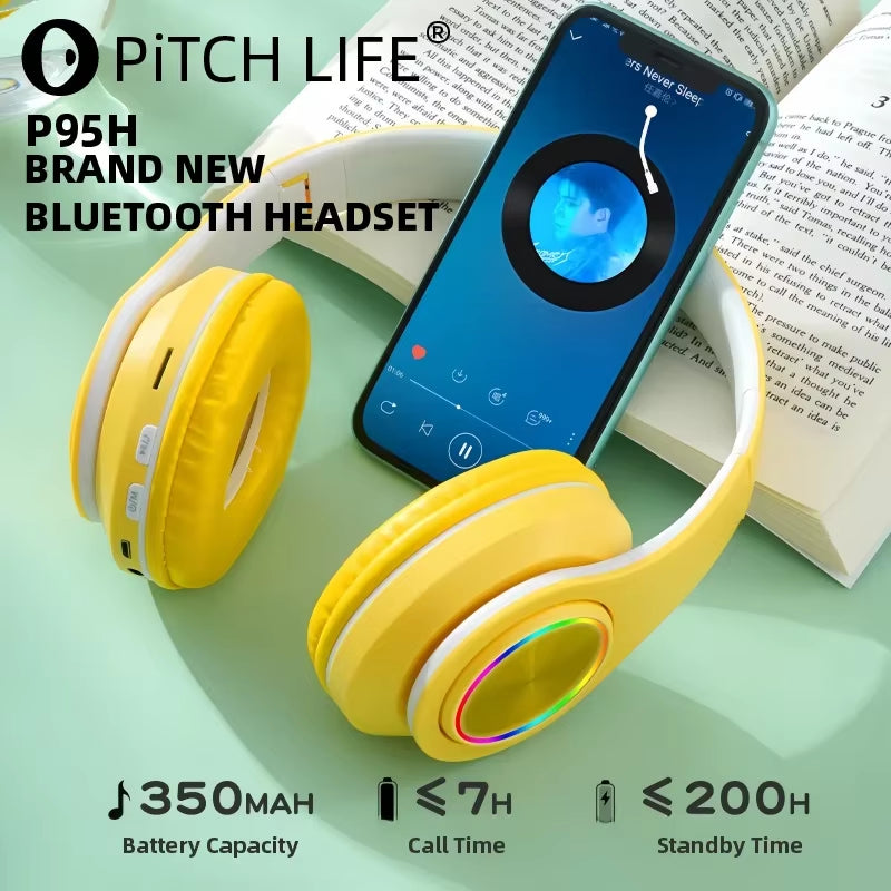 P95H,Rgb,Moda Ears BT Wireless Headphone Com Mic E Flash Light, Capacete De Música Estéreo LED, Fone De Ouvido Dobrável, Present