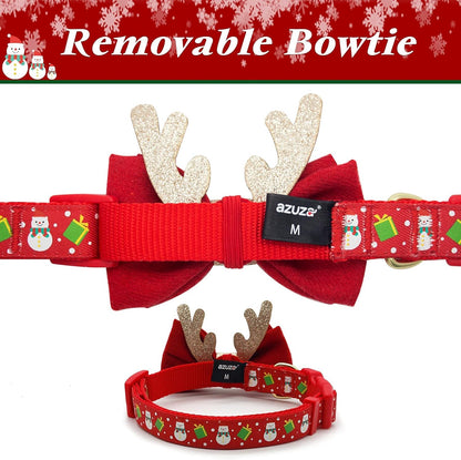 Adjustable Christmas Dog Collar with Antler Bow Tie and Snowman Design for Medium Dogs