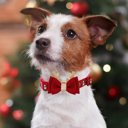 Adjustable Christmas Dog Collar with Antler Bow Tie and Snowman Design for Medium Dogs